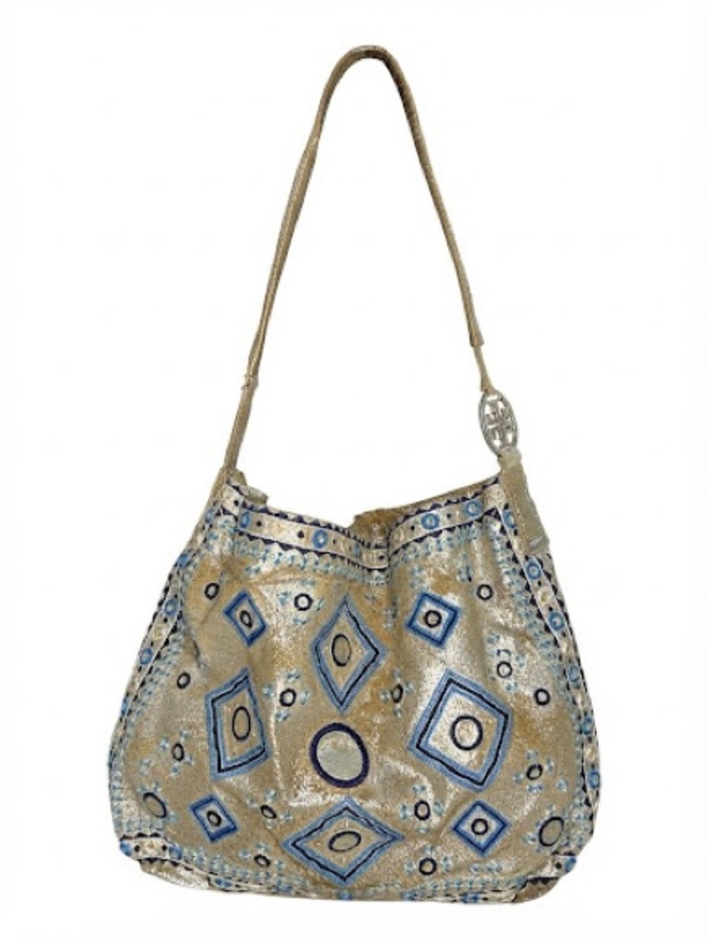 Tory Burch Metallic Gold & Blue Diamond Print Hobo Shoulder Bag Boho Chic